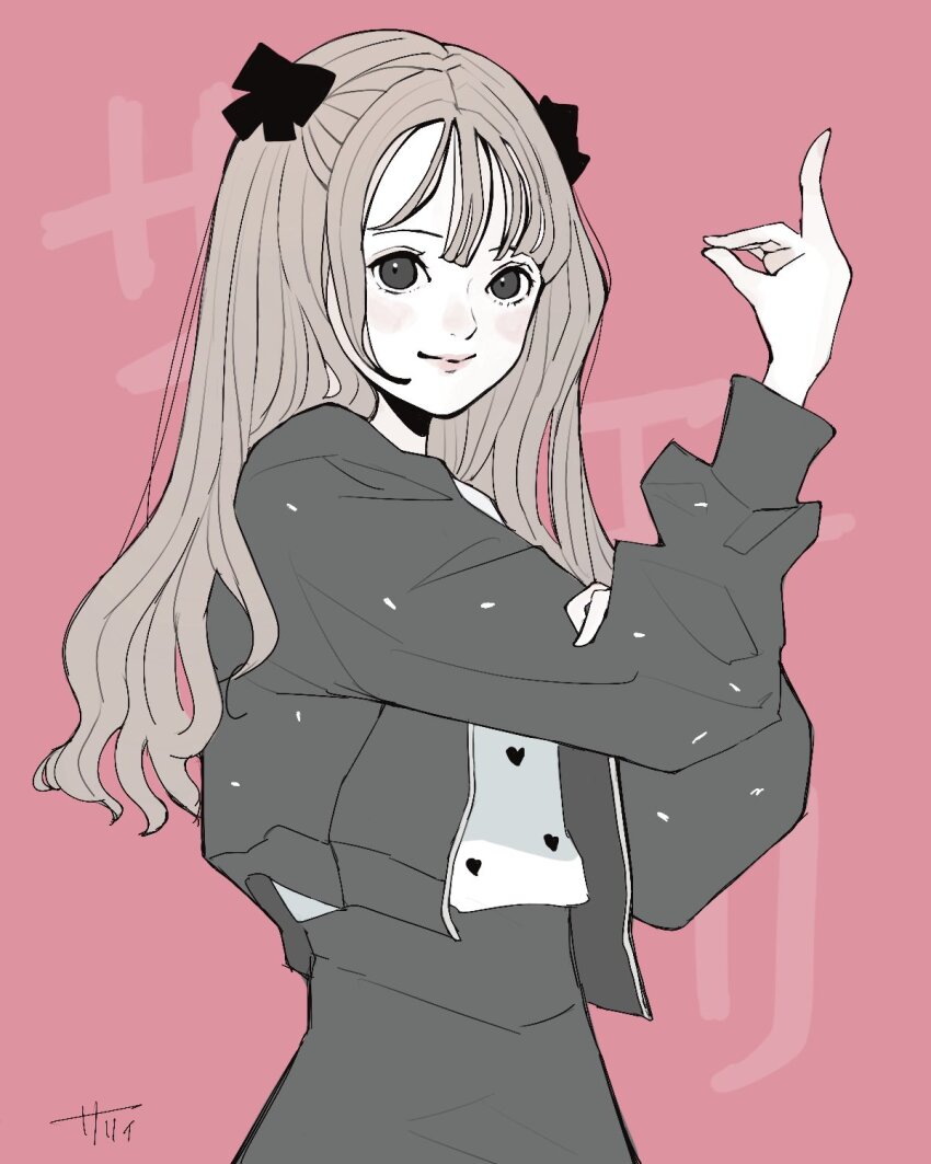 1girl actor arm_up artist_name black_bow black_eyes black_jacket black_skirt blush bow brown_hair character_name closed_mouth hair_bow hand_on_own_arm hand_up heart heart_print high-waist_skirt highres jacket long_hair long_sleeves looking_at_viewer open_clothes open_jacket pink_background print_shirt real_life sally_(allogkk) shirt simple_background skirt smile solo standing translated umehara_saeri upper_body wavy_hair white_shirt