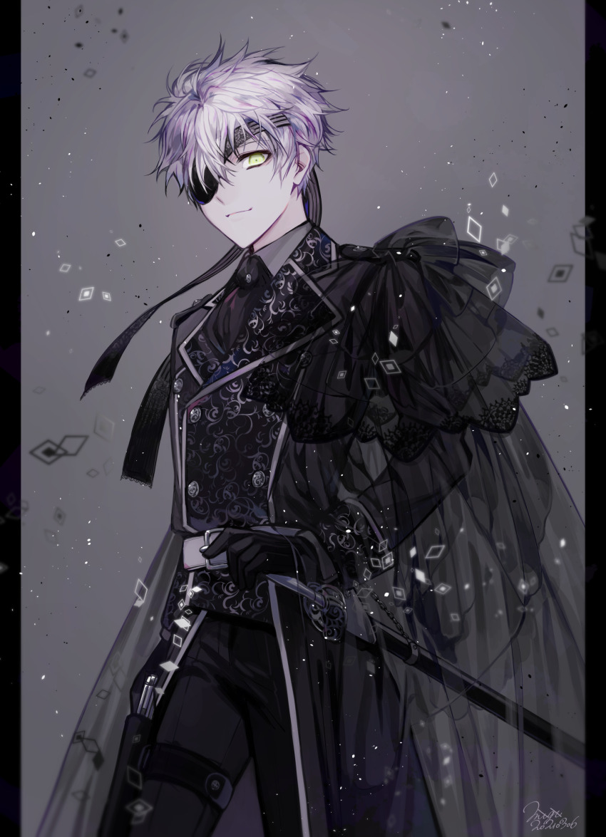 1boy ascot belt belt_buckle black_ascot black_gloves black_jacket black_pants buckle buttons closed_mouth collared_shirt commentary cowboy_shot double-breasted eyepatch gloves grey_background grey_shirt highres jacket lapels long_sleeves male_focus matsunaka_hiro notched_lapels original pants pillarboxed shirt short_hair smile solo thigh_strap white_belt