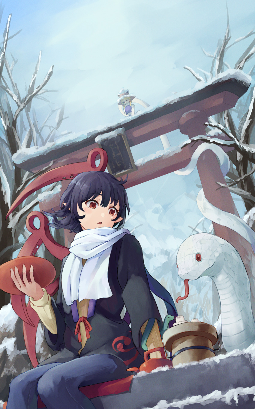 2girls absurdres adapted_costume asymmetrical_wings black_dress black_hair blonde_hair blue_pants blue_wings commentary_request dress hat highres houjuu_nue medium_hair mishaguji moriya_suwako multiple_girls mumyuu orange_eyes outdoors pants purple_skirt purple_vest red_wings scarf shirt skirt snake snake_wrapped_around_arm snow solo_focus torii touhou vest white_scarf white_shirt white_snake wings winter winter_clothes