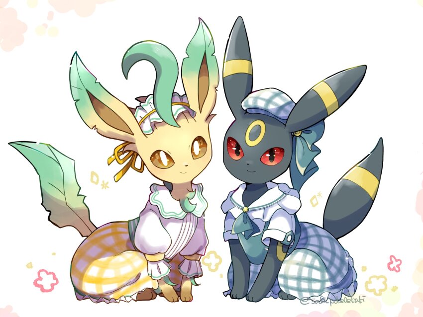 animal_focus animal_hands black_fur bonnet bright_pupils brown_eyes brown_sclera checkered_clothes checkered_dress clothed_pokemon colored_sclera dress facial_mark forehead_mark frilled_bonnet frills full_body gen_2_pokemon gen_4_pokemon gingham_skirt green_fur grey_dress grey_ribbon highres leafeon leafeon_(checkered) looking_at_viewer nintendo no_humans pokemon pokemon_(creature) pokemon_unite red_eyes ribbon saki_pokeoekaki simple_background sitting skirt umbreon umbreon_(checkered) white_background white_dress white_pupils yellow_fur yellow_ribbon yellow_skirt