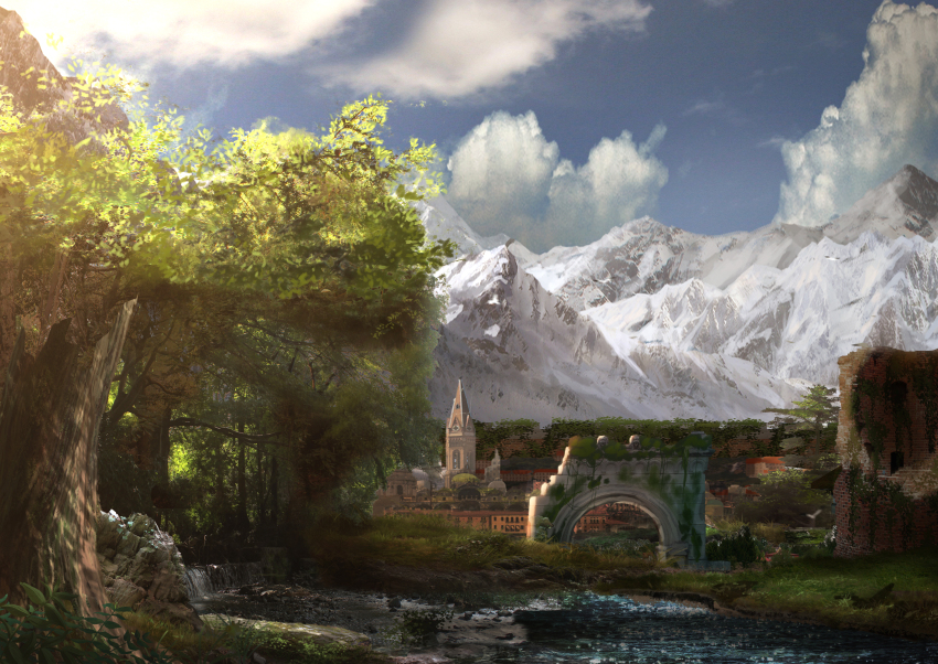 abandoned absurdres blue_sky cloud cloudy_sky day highres mountain no_humans original outdoors plant river scenery sky town tree vines warera water