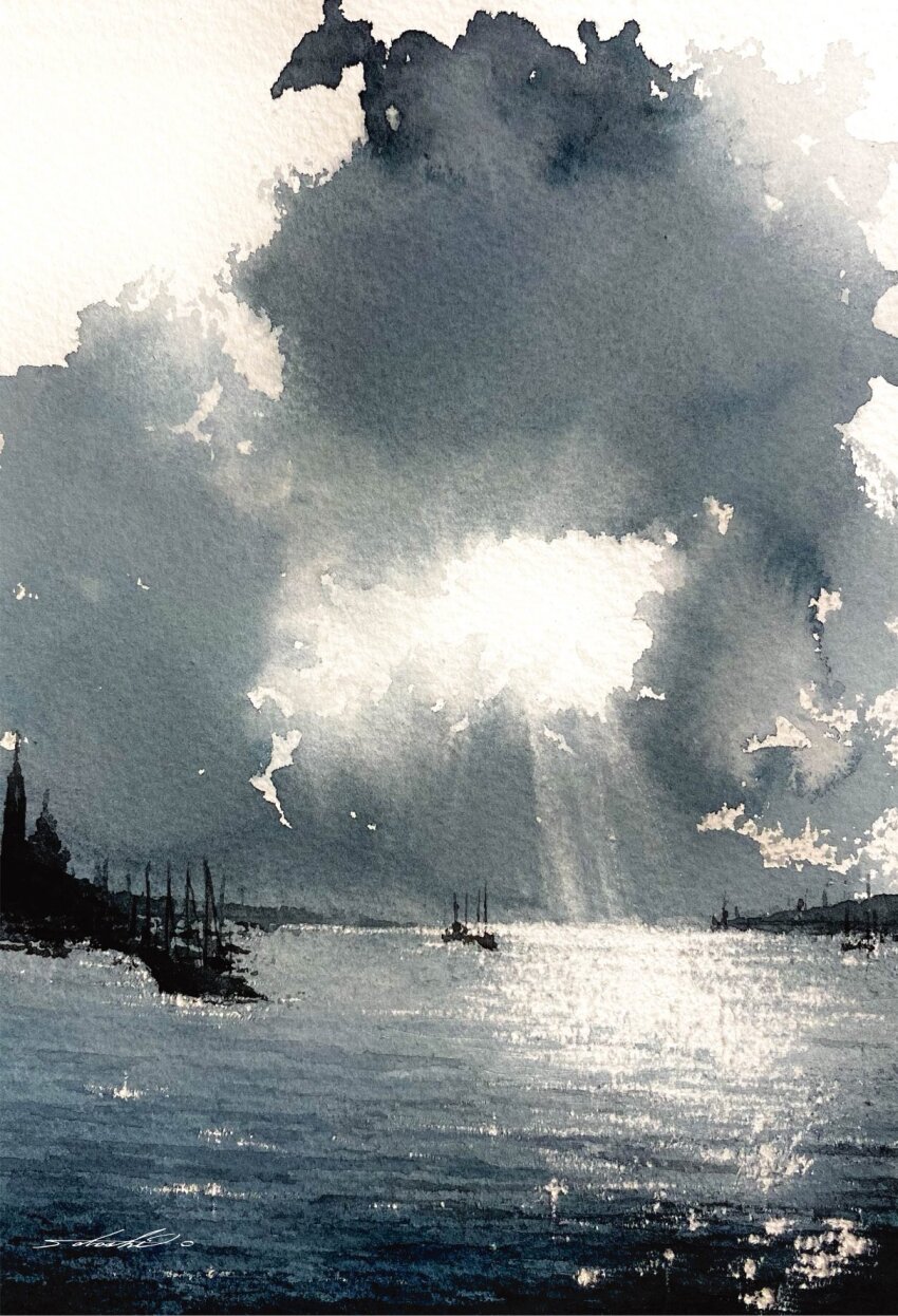 cloud cloudy_sky glint highres no_humans ocean original painting_(medium) port satoshi_okano sky traditional_media watercolor_(medium)