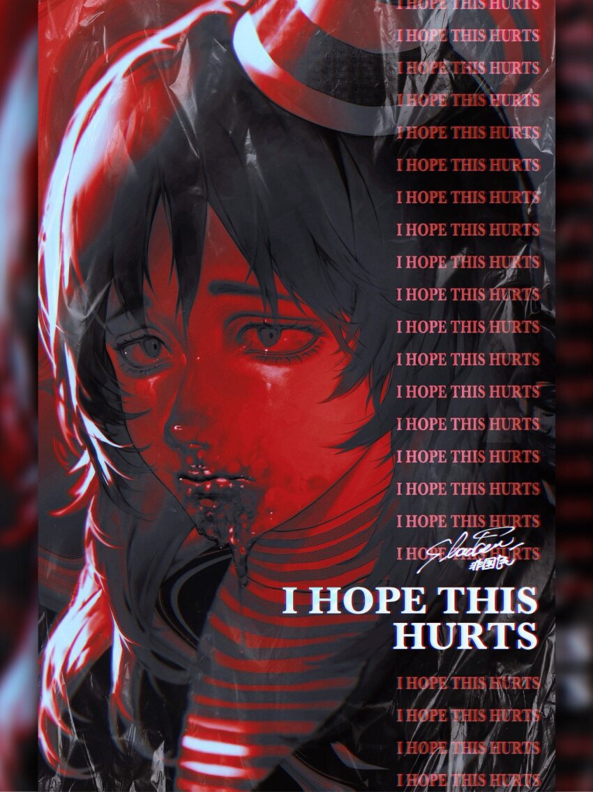 1girl anya_(mouthwashing) black_hair blood blood_from_mouth blood_on_face commentary english_text hat highres k041800 long_hair looking_at_viewer mini_hat mouthwashing party_hat red_theme shirt signature solo striped_clothes striped_hat striped_shirt