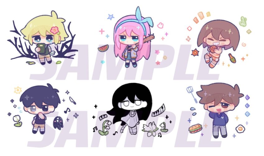 2girls 4boys ;d ^_^ antenna_hair arm_behind_back aubrey_(faraway)_(omori) aubrey_(omori) ball baseball_bat basil_(faraway)_(omori) basil_(omori) basketball_(object) black_eyes black_hair black_shoes black_socks black_sweater_vest blonde_hair blue_eyes blue_hairband blue_shoes blue_skirt blue_sweater book bottle bow_hairband bright_pupils brother_and_sister brothers brown_eyes brown_hair brown_shorts cactus closed_eyes colored_skin diamond_(shape) double-parted_bangs dress egret_orchid flower flying_sweatdrops food fried_egg fruit full_body green_sweater_vest grey_pants grin hair_behind_ear hair_between_eyes hairband hashtag-only_commentary hatching_(texture) hero_(faraway)_(omori) hero_(omori) heterochromia holding holding_ball holding_baseball_bat holding_book jacket jitome kel_(faraway)_(omori) kel_(omori) kneehighs leaf lily_of_the_valley long_hair long_sleeves looking_at_viewer mari_(faraway)_(omori) mari_(omori) multiple_boys multiple_girls musical_note nail nail_(hardware) nail_bat no_pupils noose official_alternate_eye_color omori one_eye_closed open_clothes open_jacket open_mouth orange_shoes orange_shorts orange_tank_top pants piano_keys pink_hair sample_watermark sandwich scar scar_across_eye scar_on_face shoes short_hair shorts siblings simple_background skirt smile socks something_(omori) spatula spoilers standing standing_on_one_leg straight_hair sunny_(omori) sweater sweater_vest tank_top tearing_up tulip v-neck watermark watermelon watermelon_slice white_background white_dress white_eyes white_flower white_jacket white_pupils white_shoes white_skin white_socks white_tulip wind y_songmo