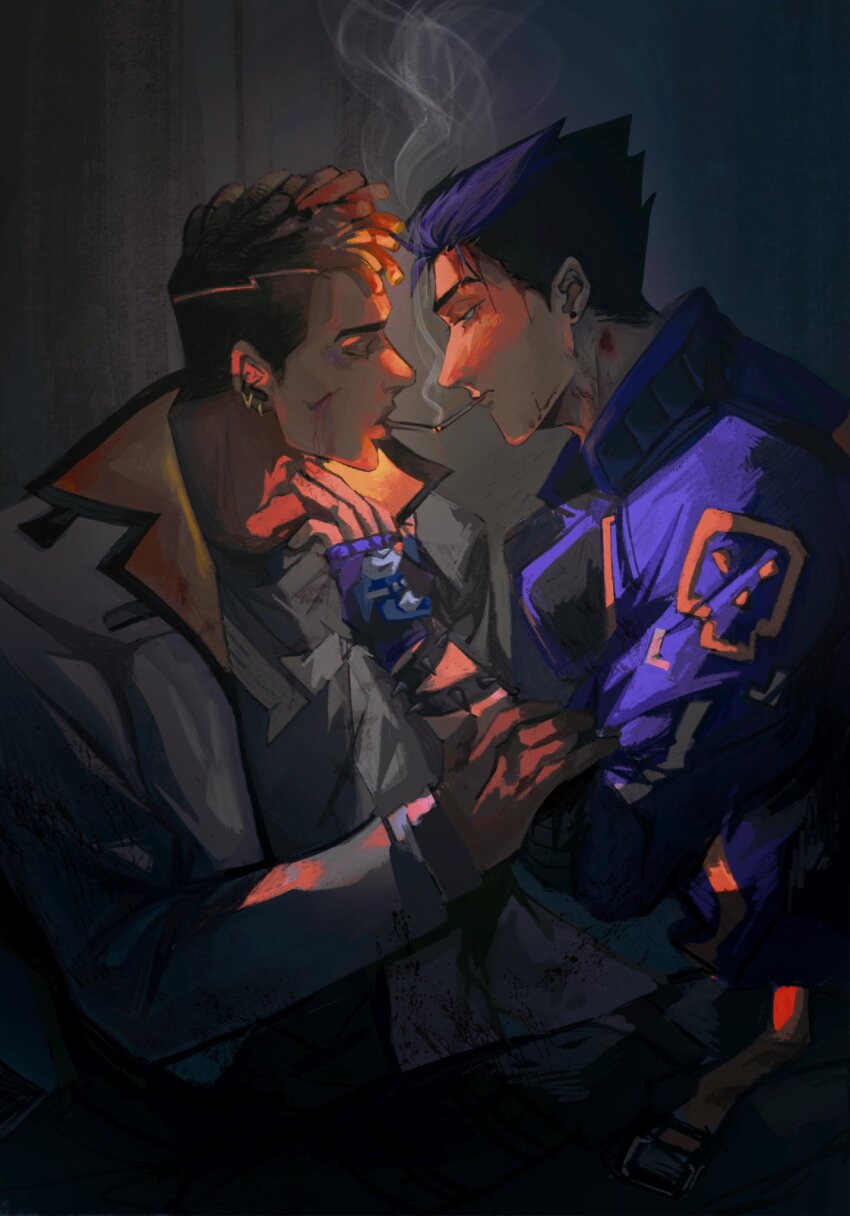 2boys black_shirt blood blood_on_face blue_eyes blue_gloves blue_jacket brown_hair cigarette closed_mouth collared_jacket commentary cuts dark-skinned_male dark_skin dreadlocks earrings english_commentary fingerless_gloves gloves grey_jacket hand_on_another&#039;s_arm hand_on_another&#039;s_neck highres injury interracial jacket jewelry long_sleeves looking_at_another male_focus multiple_boys multiple_earrings phoenix_(valorant) piercing profile ro42690 shirt short_hair smoke smoke_trail smoking spiked_hair upper_body valorant yaoi yoru_(valorant)