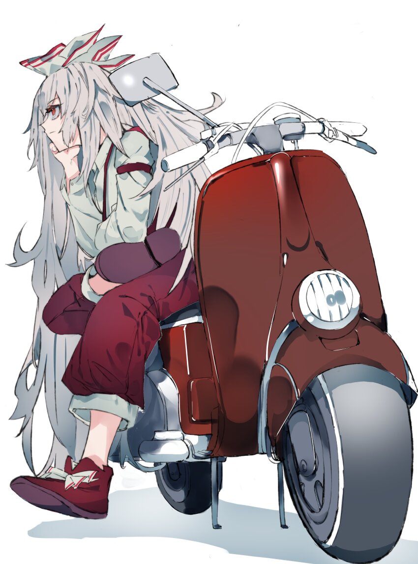 1girl absurdres collared_shirt fujiwara_no_mokou full_body highres ikurauni long_hair on_scooter pants red_eyes red_pants red_shoes shirt shoes simple_background sitting solo touhou very_long_hair white_background white_hair white_shirt