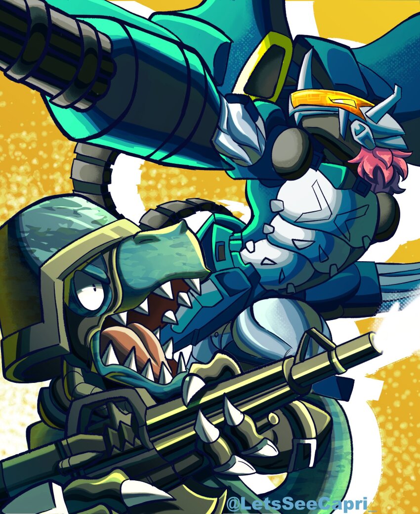 armor brigadramon claws commandramon digimon digimon_(creature) highres horns muscular muscular_male red_hair
