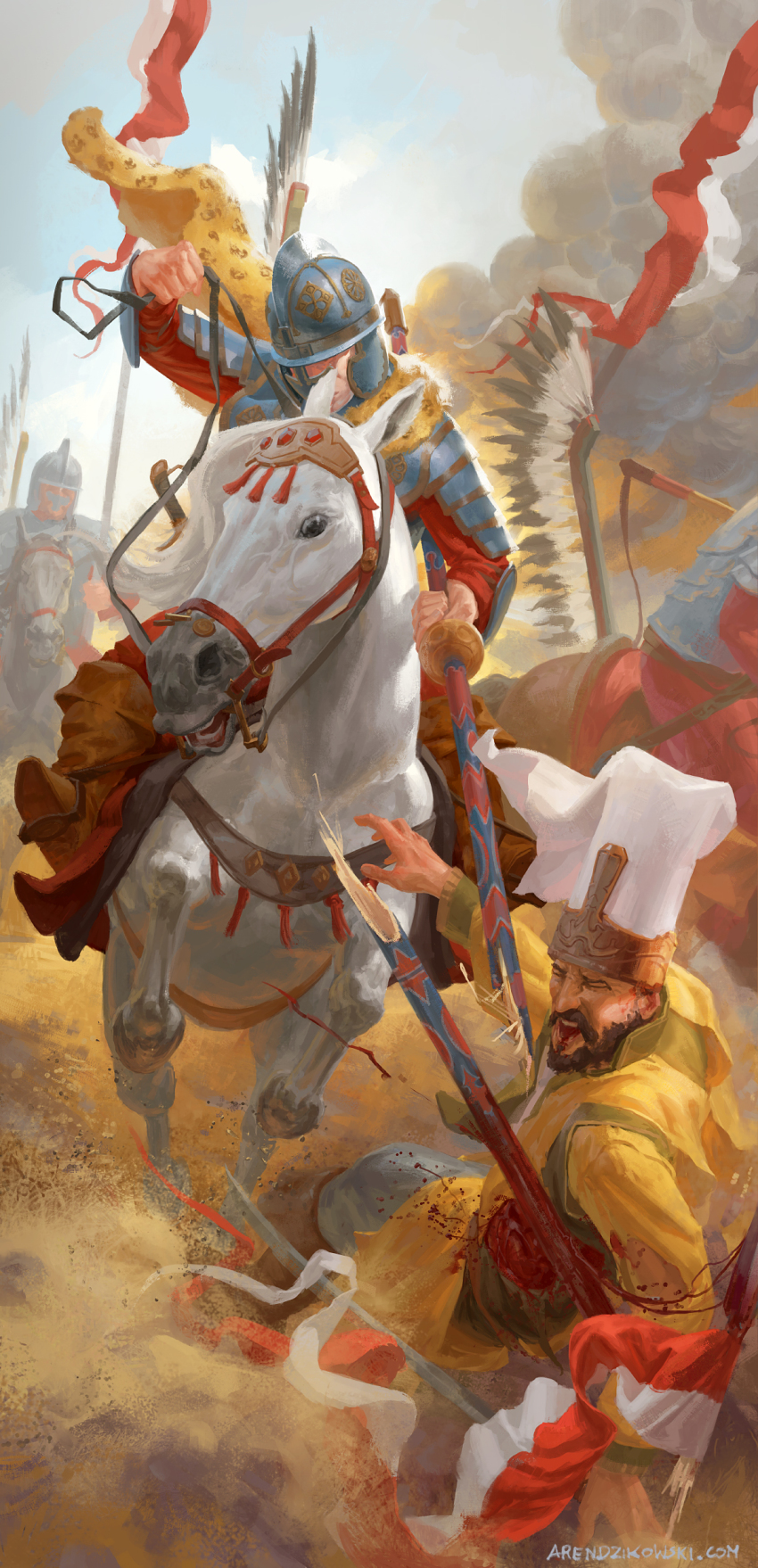 1boy 2others absurdres animal armor banner barding battle battle_standard bleeding blood blood_on_clothes blood_splatter blood_spray bloody_weapon boots broken brown_bag brown_footwear cape closed_eyes commentary cross cross_print day dirt dust english_commentary facial_hair fighting flag flagpole grey_helmet grey_pants helmet highres holding holding_flag holding_reins holding_weapon horse horseback_riding hussar imminent_injury impaled injury lance long_sleeves looking_away medieval multiple_others open_mouth original pants polearm reins riding robe saber_(weapon) scenery screaming sky smoke sword teeth two-tone_headwear violence war_flag warrior watermark weapon web_address white_headwear white_horse wildheadache winged_hussar yellow_cape yellow_robe