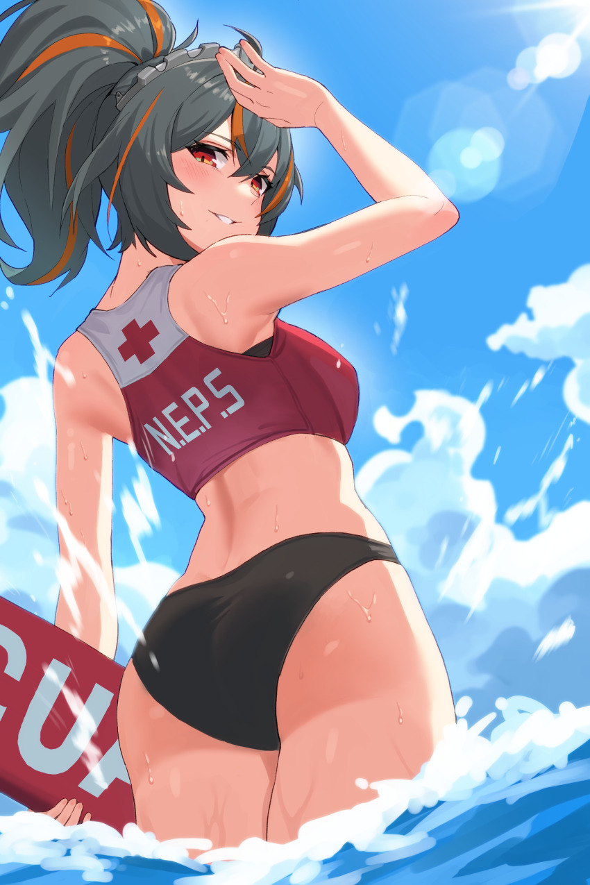 1girl absurdres arm_up ass bikini black_bikini black_hair blue_sky blush breasts cloud cloudbear covering_head crop_top day from_below highres holding holding_surfboard large_breasts lifeguard looking_at_viewer parted_lips ponytail red_eyes red_sports_bra sky solo splashing sports_bra sunlight surfboard swimsuit torpedo_buoy wading water wet zenless_zone_zero zhu_yuan