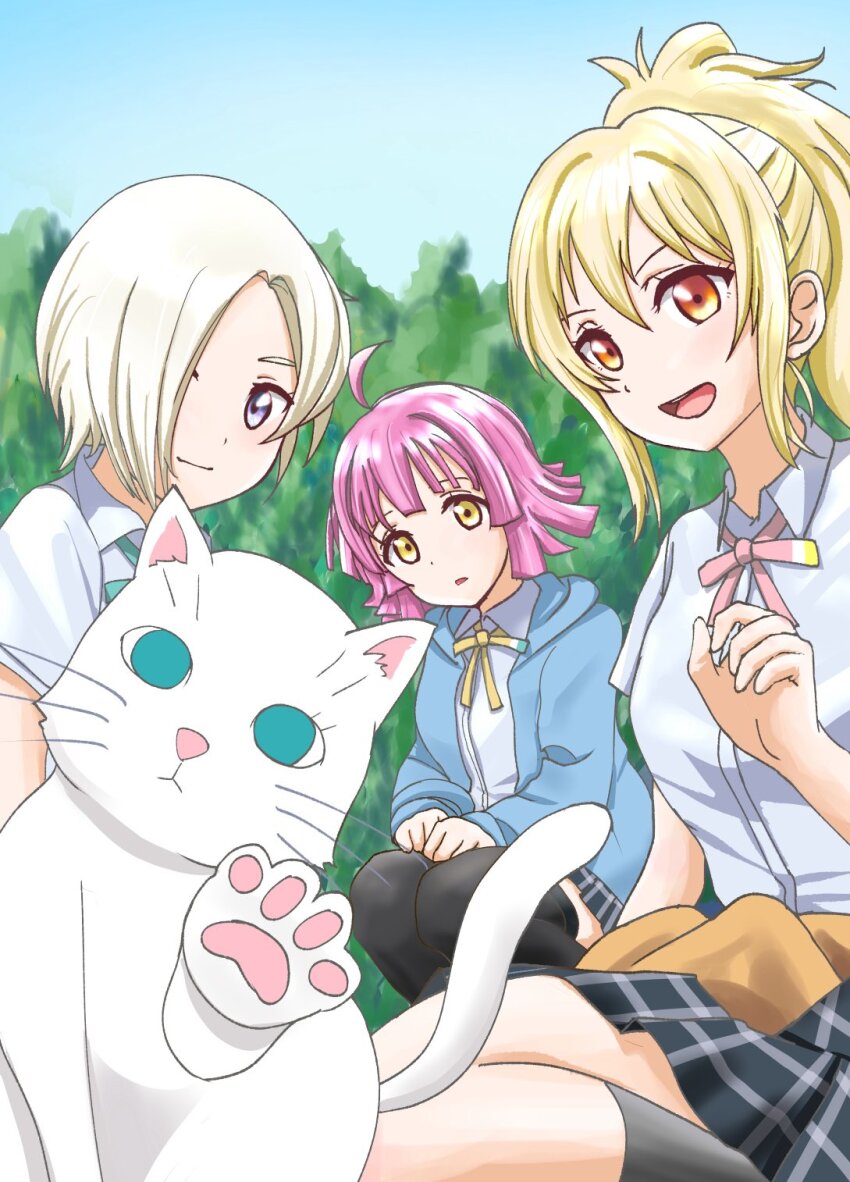 3girls ahoge blonde_hair bow bowtie cardigan cardigan_around_waist cat clothes_around_waist collared_shirt hanpen_(love_live!) highres kneehighs looking_at_animal looking_at_viewer love_live! love_live!_nijigasaki_high_school_idol_club mia_taylor miyashita_ai multiple_girls open_mouth orange_eyes outdoors pink_hair ponytail purple_eyes shirt short_hair skirt smile socks tennoji_rina tree urusiyamaxdane1 yellow_eyes
