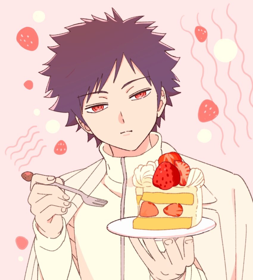1boy black_hair cake cake_slice closed_mouth food fork hands_up highres holding holding_fork holding_plate jacket kazama_souya long_sleeves looking_at_viewer male_focus nocchan_chicchi pink_background plate red_eyes short_hair solo upper_body white_jacket world_trigger