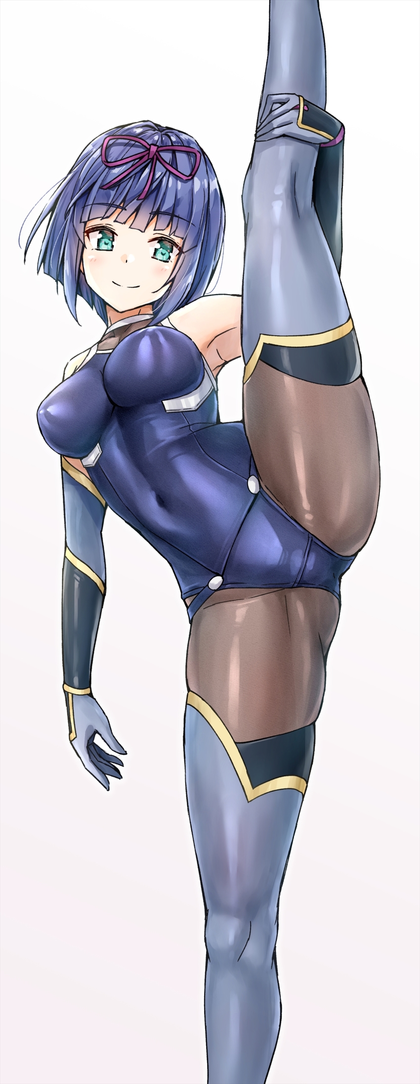1girl absurdres aqua_eyes arm_guards arm_up armpits bare_shoulders blue_hair blue_one-piece_swimsuit blunt_bangs blush bob_cut breasts brown_thighhighs closed_mouth competition_school_swimsuit covered_erect_nipples covered_navel elbow_gloves gloves grey_gloves grey_thighhighs hair_ribbon highres impossible_clothes impossible_swimsuit izumi_hina_(neet_kunoichi) koyuki_(kotatsu358) leg_up looking_at_viewer medium_breasts neet_de_otaku_na_kunoichi_to_naze_ka_dousei_hajimemashita ninja one-piece_swimsuit paid_reward_available pantyhose pantyhose_under_swimsuit purple_ribbon ribbon school_swimsuit smile solo split spread_legs standing standing_on_one_leg standing_split swimsuit thighhighs