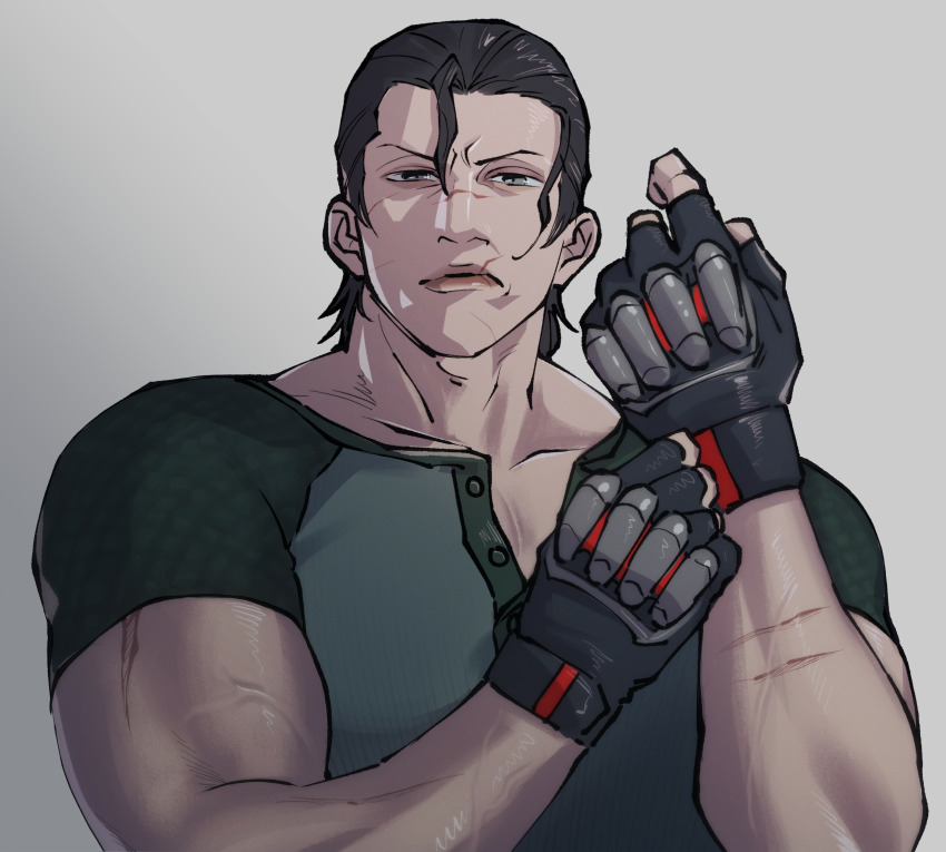 1boy absurdres black_gloves black_hair fingerless_gloves frown furrowed_brow gloves green_shirt grey_background grey_eyes guest_art highres looking_at_viewer male_focus muscular muscular_male non-web_source official_art raglan_sleeves scar scar_on_face scar_on_mouth scar_on_nose sergei_dragunov shirt short_hair short_sleeves simple_background solo tekken tekken_8 upper_body uto_oshi