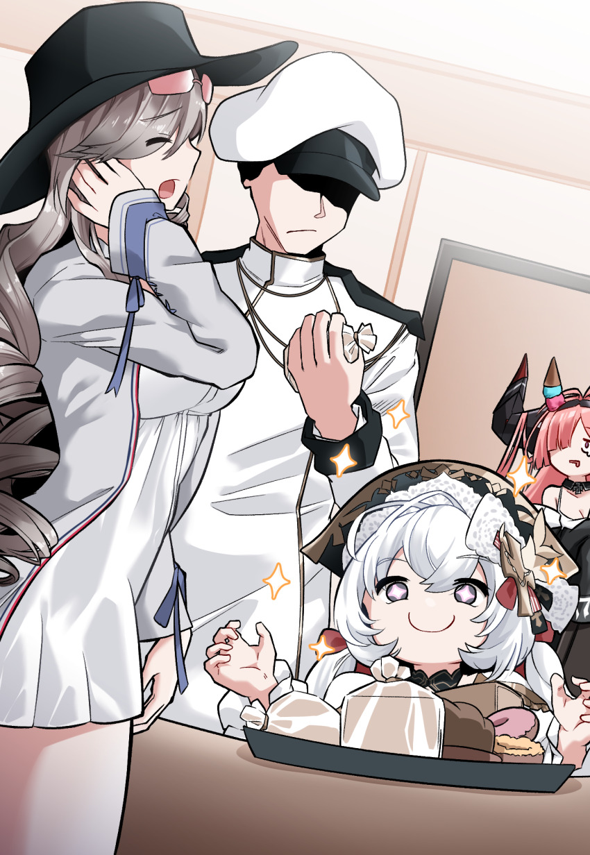 1boy 3girls azur_lane black_hat commander_(azur_lane) cross cross_hair_ornament detached_collar donut drooling dunkerque_(afternoon_venus)_(azur_lane) dunkerque_(azur_lane) eyewear_on_head flandre_(azur_lane) food food_on_head grey_hair hair_on_horn hair_ornament hair_over_one_eye hair_ribbon hat highres ice_cream iron_cross large_horns military_uniform mouth_drool multiple_girls object_on_head official_alternate_costume peaked_cap prinz_rupprecht_(azur_lane) purple_eyes red_ribbon ribbon sleeves_past_fingers sleeves_past_wrists smile sparkle sparkling_eyes sweets white_hair white_hat winterfall_(artenh)