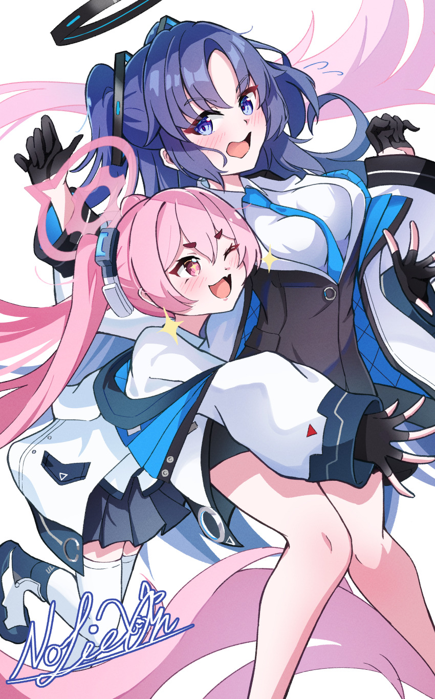 1girl :3 absurdres aqua_necktie black_boots black_gloves black_halo black_jacket blue_archive blue_skirt blush boots breasts coat collared_shirt commentary_request double-parted_bangs feet_out_of_frame fingerless_gloves full_body gloves hair_between_eyes half_gloves halo hands_up highres hug hug_from_behind jacket koyuki_(blue_archive) long_hair long_sleeves looking_at_another mechanical_halo medium_breasts necktie one_side_up open_clothes open_coat open_mouth parted_bangs partially_unbuttoned pink_eyes pink_hair pink_halo pleated_skirt purple_eyes purple_hair shirt sidelocks simple_background skirt solo sparkle sparkling_eyes thighhighs twintails vtitalianlion46 white_background white_coat white_shirt white_thighhighs yuuka_(blue_archive)