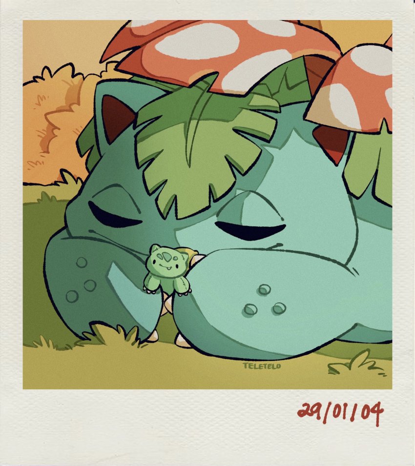 2004 age_progression bulbasaur closed_eyes flower game_freak gen_1_pokemon highres holding hugging_doll hugging_object leaf nintendo no_humans pokemon pokemon_(creature) signature teletelo venusaur