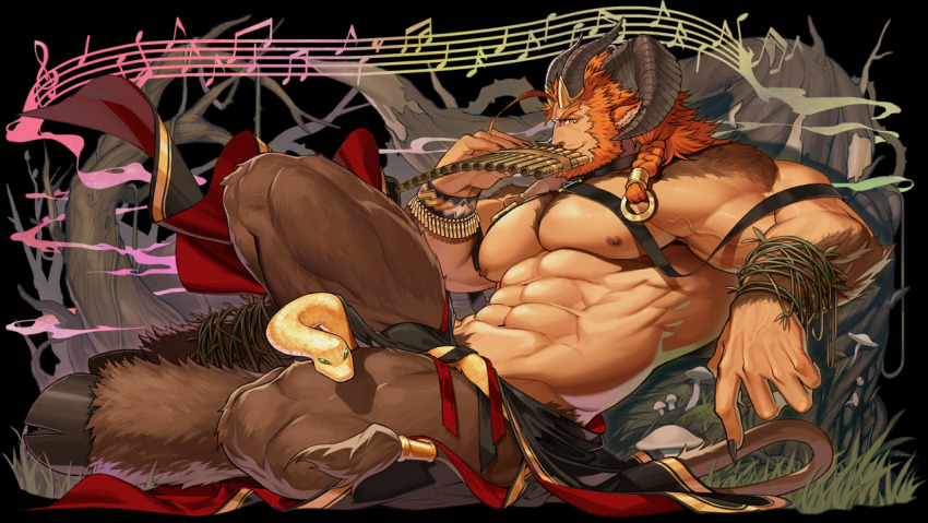 1boy abs animal_ears another_eidos-r azmond_(another_eidos) bara beard biceps body_fur braid brown_fur bulge chest_harness clothes_around_waist clothes_lift curled_horns facial_hair fingernails flute forest fork from_side goat_boy goat_ears goat_horns goat_tail gomtang harness holding holding_instrument horns instrument knee_up large_hands magic male_focus male_pubic_hair mature_male monster_boy multiple_horns muscular muscular_arms muscular_legs muscular_male musical_note mustache nature navel non-web_source official_art orange_hair pectorals pelvic_curtain pelvic_curtain_lift plant pubic_hair pubic_hair_peek satyr sharp_fingernails short_hair single_braid snake solo stomach thick_eyebrows thighs topless_male veins veiny_arms vines