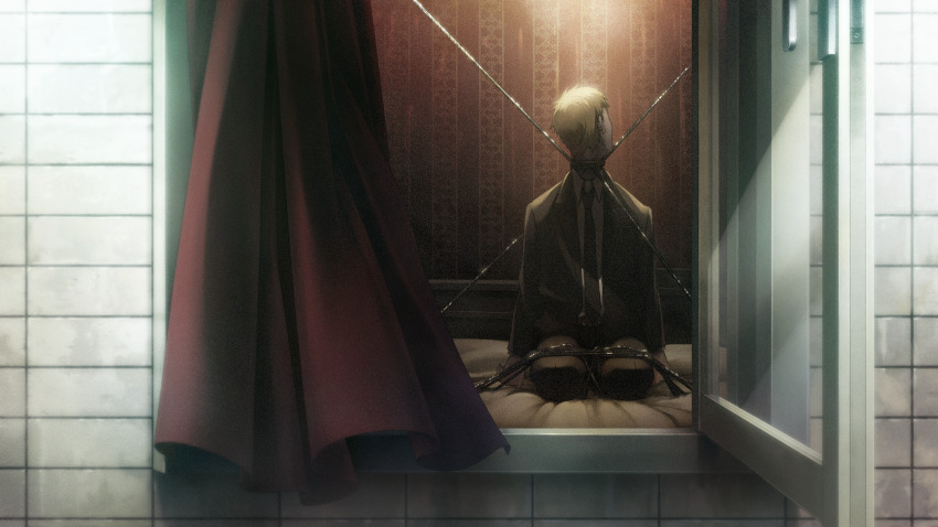 1boy armchair bed_sheet black_jacket black_pants blue_necktie bound bound_legs bound_thighs brown_jacket brown_suit chair chaos;child collared_shirt curtains death faceless faceless_male formal_clothes game_cg highres jacket kakita_hironori lapels necktie non-web_source notched_lapels official_art on_bed open_window pants round_bed sasaki_mutsumi shirt short_hair solo strangling suit white_shirt window