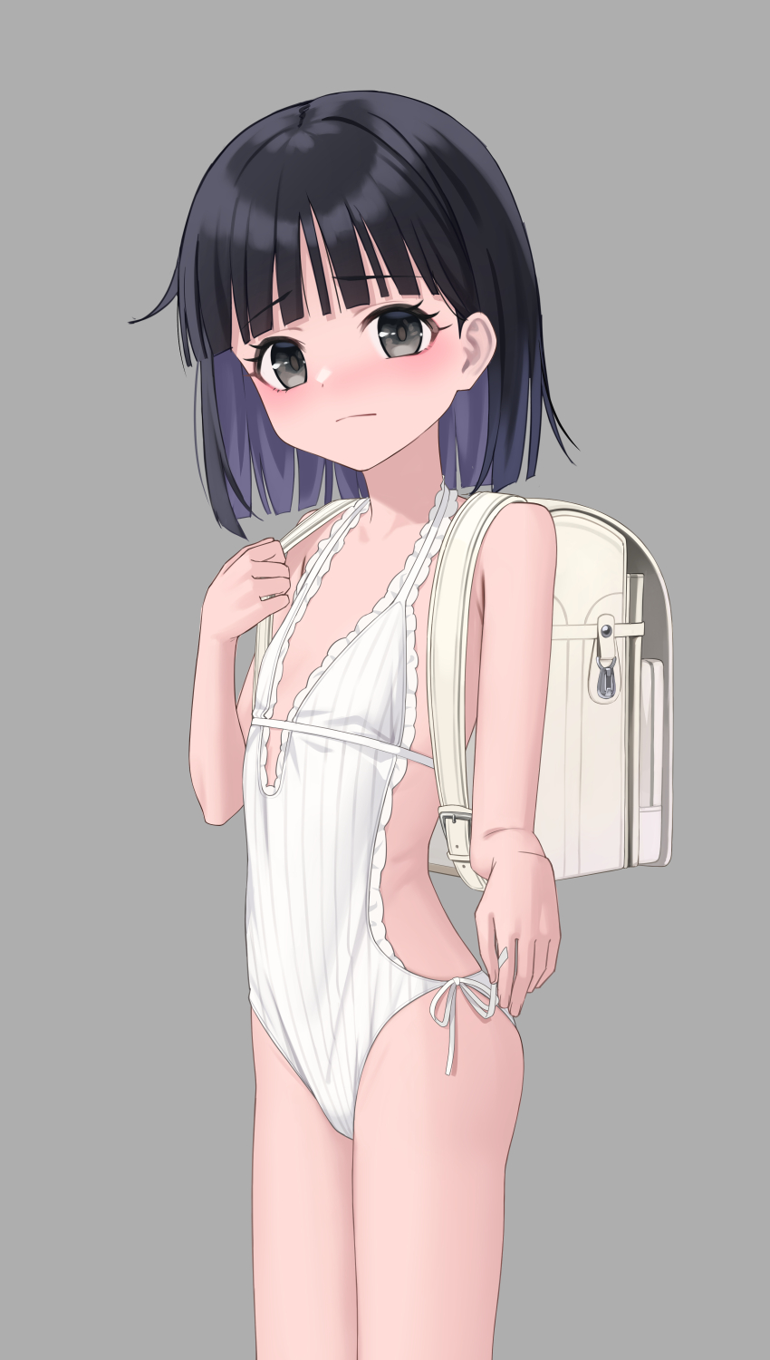 1girl absurdres aconatsu_(konatu-aomi) backpack bag black_hair blunt_bangs bob_cut breasts casual_one-piece_swimsuit frilled_one-piece_swimsuit frills grey_background highres looking_at_viewer one-piece_swimsuit original plunging_neckline randoseru side-tie_swimsuit simple_background small_breasts solo swimsuit white_one-piece_swimsuit