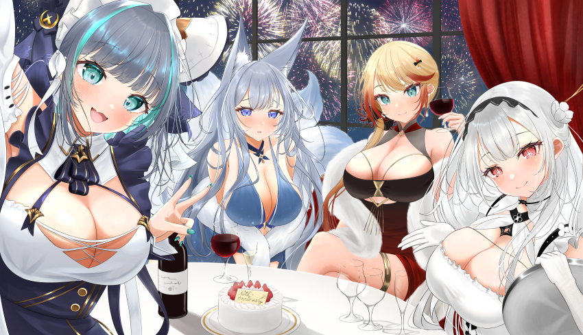 absurdres aerial_fireworks alcohol animal_ear_fluff animal_ears anniversary apron aqua_eyes aqua_nails aqua_streaks azur_lane bare_shoulders black_dress blonde_hair blue_collar blue_dress blue_eyes blush bottle breasts cake cheshire_(azur_lane) cleavage clothing_cutout cocktail_dress collar commentary_request cross-shaped_pupils crossed_legs cup curtains detached_sleeves dress drinking_glass elbow_gloves evening_gown fake_animal_ears fang feather_boa fireworks food fox_ears fox_girl framed_breasts frilled_hairband frills fruit gloves gold_thighlet gradient_clothes gradient_dress gradient_hair grey_hair hair_over_shoulder hairband halter_dress halterneck highres holding holding_cup holding_tray howe_(azur_lane) howe_(evening_marvels)_(azur_lane) huge_breasts kitsune kyuubi large_breasts large_tail leaning_forward long_hair looking_at_viewer maid_headdress multicolored_hair multiple_tails nail_polish night official_alternate_costume puffy_detached_sleeves puffy_sleeves purple_apron red_dress red_wine scylla_(azur_lane) shinano_(azur_lane) shinano_(dreams_of_the_hazy_moon)_(azur_lane) skin_fang sleeveless sleeveless_dress strawberry streaked_hair symbol-shaped_pupils tail thighlet tray tsuri_pi underboob_cutout v v_arms very_long_hair white_dress white_gloves white_hair white_tail window wine wine_bottle wine_glass