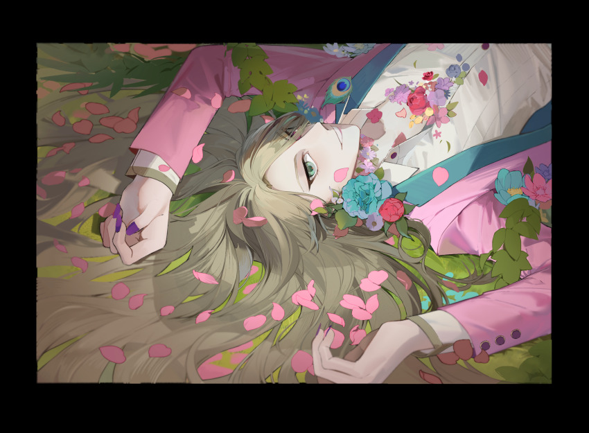 1boy absurdres black_border blonde_hair blue_flower border collared_shirt eyes_visible_through_hair fate/grand_order fate_(series) flower grass green_eyes grin heterochromia highres jacket long_hair long_sleeves looking_at_viewer lying male_focus on_back on_grass open_clothes open_collar open_jacket petals pink_flower pink_jacket purple_eyes shirt smile solo white_shirt wing_collar wolfgang_amadeus_mozart_(fate) wolfgang_amadeus_mozart_(traveling_outfit)_(fate) yukkuri_(fumoyun)