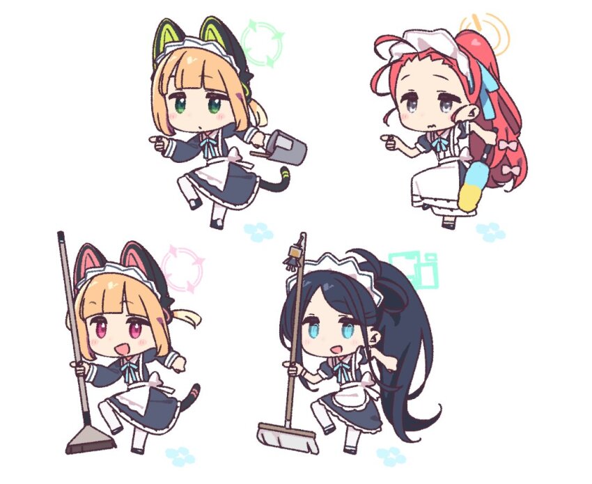 4girls apron aris_(blue_archive) aris_(maid)_(blue_archive) blonde_hair blue_archive blue_eyes blue_hair blush chibi commentary_request full_body game_development_department_(blue_archive) genba_neko_(meme) green_eyes halo maid maid_apron maid_headdress meme midori_(blue_archive) midori_(maid)_(blue_archive) momoi_(blue_archive) momoi_(maid)_(blue_archive) multiple_girls red_eyes red_hair simple_background white_background yoru_nai yuzu_(blue_archive) yuzu_(maid)_(blue_archive)