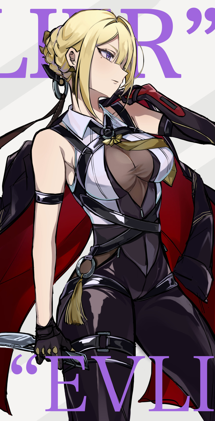 1girl absurdres arm_strap asymmetrical_gloves black_gloves black_pants blonde_hair braid breasts breasts_apart closed_mouth cowboy_shot elbow_gloves evelyn_chevalier gloves hair_intakes highres holding holding_weapon jacket large_breasts mole mole_under_eye pants purple_eyes short_hair siba_maruko sidelocks skin_tight solo standing unworn_jacket weapon zenless_zone_zero