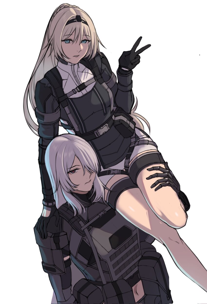 2girls ak-15_(girls&#039;_frontline) ak-15_(mod3)_(girls&#039;_frontline) an-94_(girls&#039;_frontline) armor black_gloves blonde_hair blue_eyes braid buckle commentary girls&#039;_frontline gloves grey_eyes hair_over_one_eye highres lifting_person long_hair looking_at_viewer midriff multiple_girls navel ponytail pouch seilindekos simple_background tactical_clothes v white_background white_hair