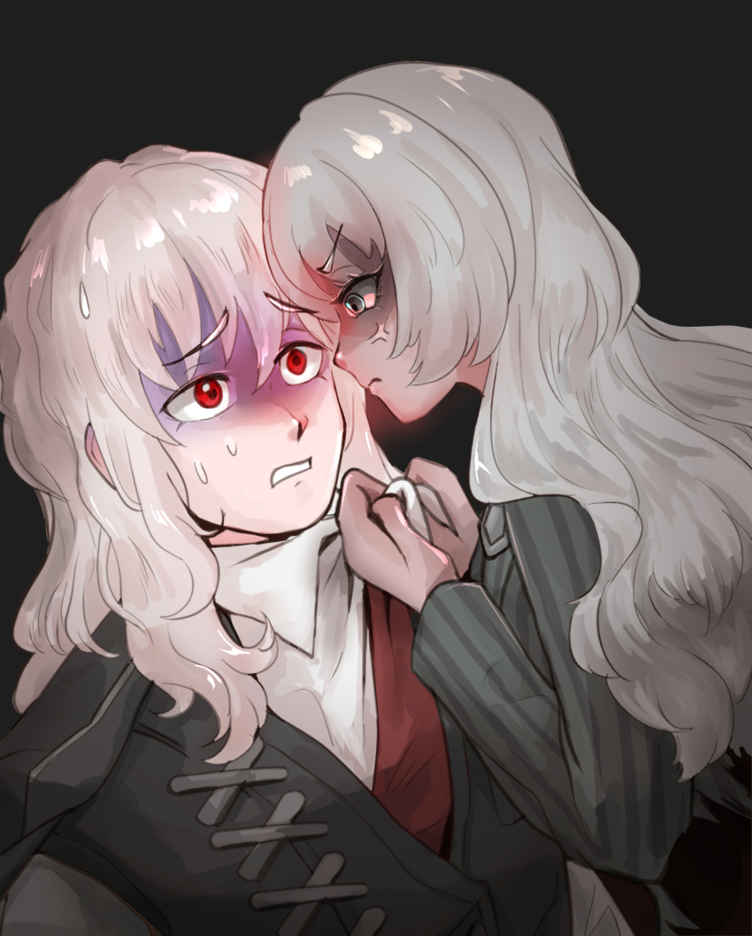 alternate_universe anger_vein black_background black_coat black_vest coat collared_shirt grey_hair grey_jacket highres jacket la_manchaland&#039;s_don_quixote_(project_moon) limbus_company long_hair necktie project_moon red-eye_effect red_necktie ryum11 scared shirt simple_background striped_clothes striped_jacket sweatdrop vest white_shirt