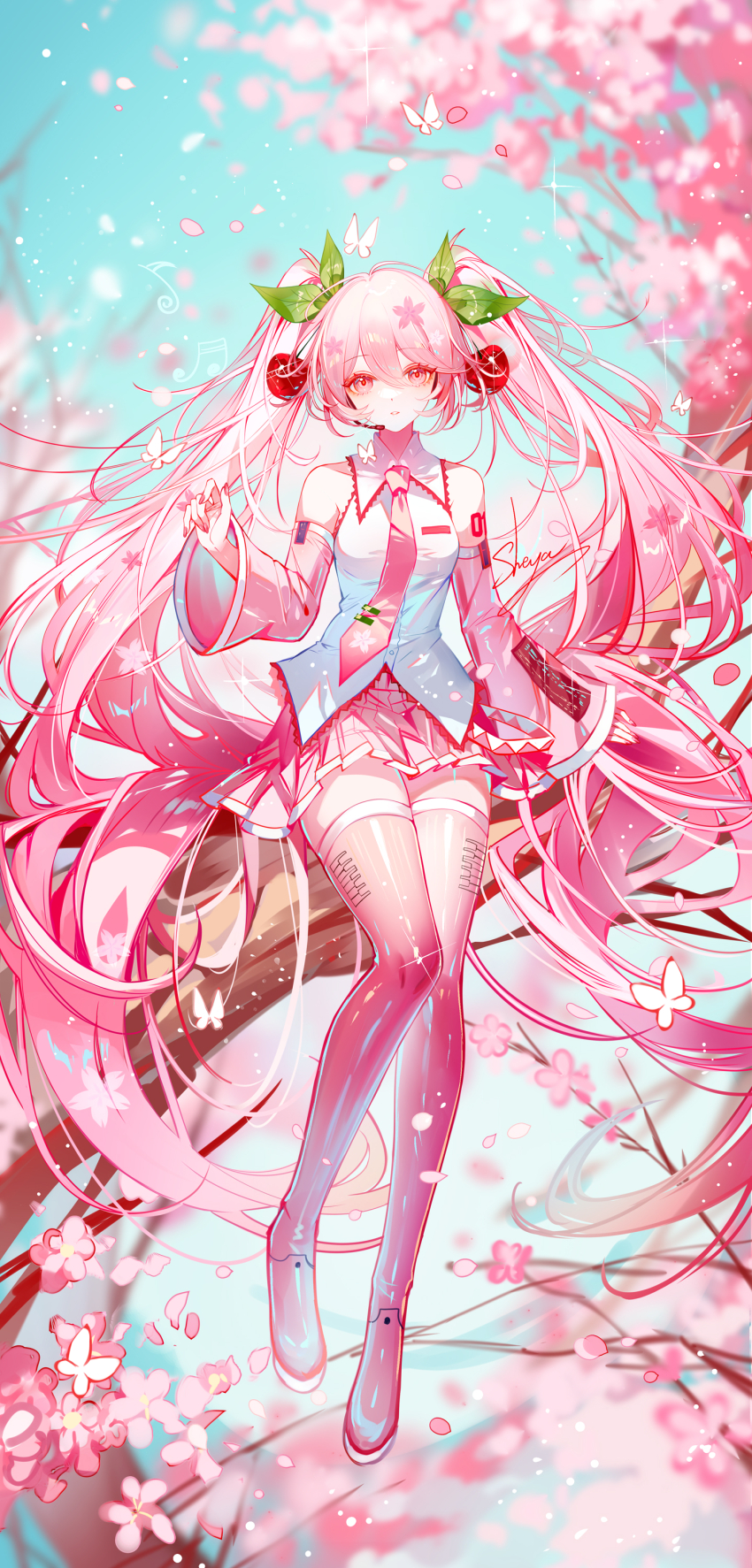 1girl absurdres blurry blurry_background boots bug butterfly cherry_blossoms detached_sleeves falling_petals floating_hair full_body hair_between_eyes hair_ornament hatsune_miku highres insect long_hair long_sleeves looking_at_viewer parted_lips petals pink_eyes pink_hair pink_skirt sakura_miku sheya shirt signature sitting skirt sleeveless sleeveless_shirt solo thigh_boots twintails very_long_hair vocaloid white_shirt