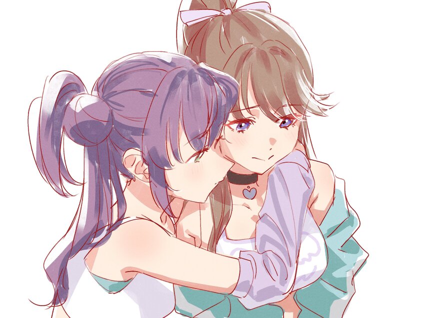2girls 3: aqua_jacket arms_around_neck black_choker blush breasts brown_hair choker closed_mouth collarbone commentary detached_sleeves don_quijote_(store) fujishima_megumi green_eyes hair_bun hair_ribbon heart heart_choker high_ponytail highres jacket koiori large_breasts link!_like!_love_live! long_hair long_sleeves love_live! multiple_girls off_shoulder official_alternate_costume otomune_kozue ponytail purple_eyes purple_hair purple_ribbon purple_sleeves ribbon shirt side_ponytail sidelocks simple_background single_side_bun sleeveless sleeveless_shirt split_mouth sports_bra symbol-only_commentary upper_body virtual_youtuber white_background white_shirt white_sports_bra yuri