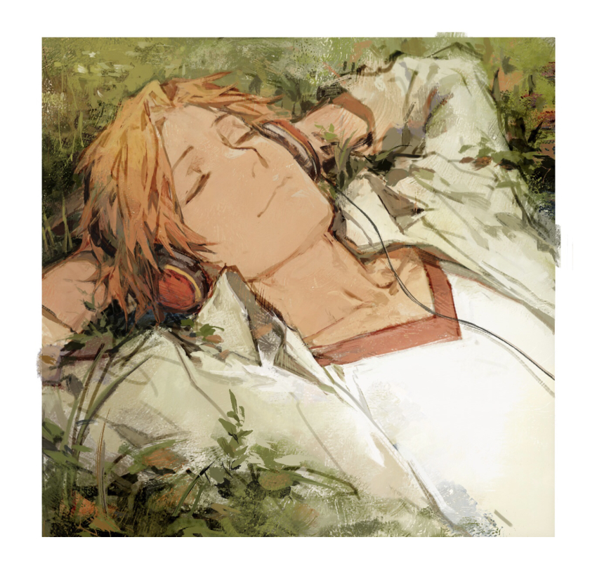 1boy brown_hair closed_eyes creamyghost hanamura_yousuke headphones highres light_smile listening_to_music lying male_focus on_grass persona persona_4 portrait relaxing shirt white_shirt