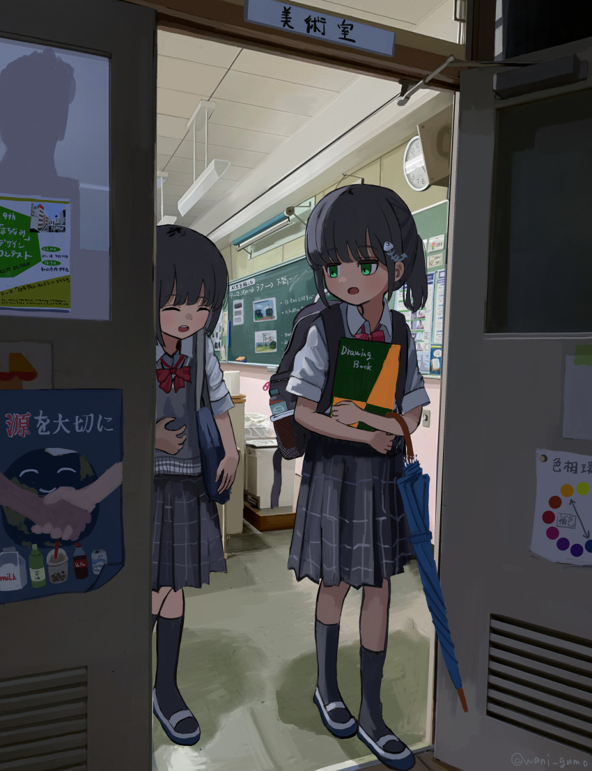 2girls :o absurdres backpack bag black_hair black_skirt book bow bowtie chalkboard classroom closed_eyes dot_nose green_eyes hair_ornament highres holding holding_book holding_umbrella hugging_object kneehighs long_hair looking_at_another multiple_girls open_door open_mouth original plaid_clothes plaid_skirt pleated_skirt red_bow red_bowtie school_uniform shoes skirt slice_of_life socks teeth umbrella upper_teeth_only uwabaki wanigumo