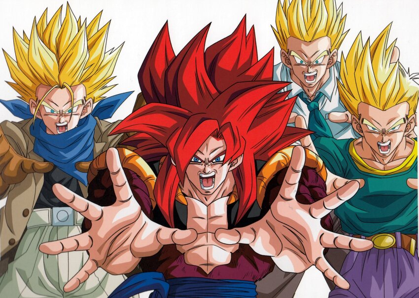 blue_eyes blue_sash body_fur dougi dragon_ball dragon_ball_gt gogeta highres incoming_attack long_hair looking_at_viewer male_focus metamoran_vest monkey_boy monkey_tail multiple_boys muscular muscular_male official_art open_mouth pants pectorals red_fur saiyan sash son_gohan son_goten spiked_hair super_saiyan super_saiyan_1 super_saiyan_4 tail trunks_(dragon_ball)