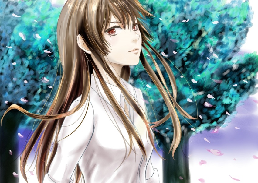 10s 1girl brown_eyes brown_hair cherry_blossoms female_focus kujou_sakurako_(sakurako) long_hair looking_at_viewer mole mole_under_eye riku_(rikkuru) sakurako-san_no_ashimoto_ni_wa_shitai_ga_umatteiru shirt solo tree white_shirt
