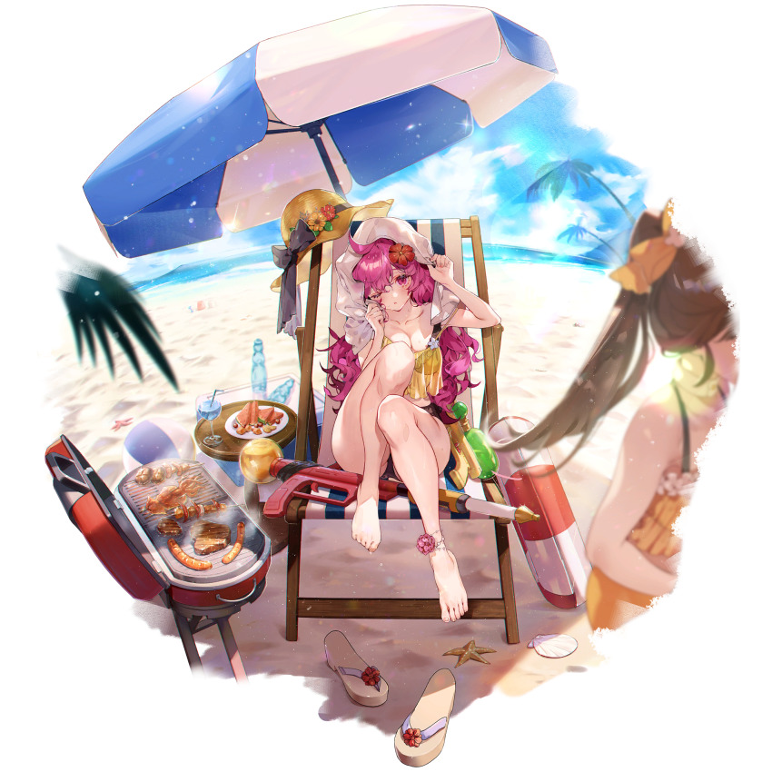 2girls ahoge anklet barefoot beach beach_chair beach_umbrella bikini black_bikini breasts chanzhi_(neural_cloud) cleavage collarbone flower food frilled_bikini frills fruit full_body game_cg girls&#039;_frontline girls&#039;_frontline_neural_cloud grill hair_flower hair_ornament hat highres jewelry legs lifebuoy long_hair medium_breasts multiple_girls ocean official_alternate_costume official_art on_chair one_eye_closed outdoors panakeia_(neural_cloud) pink_eyes pink_hair qbu-88_(girls&#039;_frontline) sand sandals seashell see-through_clothes shell shoes sitting solo_focus starfish sun_hat swim_ring swimsuit transparent_background umbrella unworn_hat unworn_headwear unworn_shoes water_gun watermelon watermelon_slice wet wet_hair wz.29_(girls&#039;_frontline)