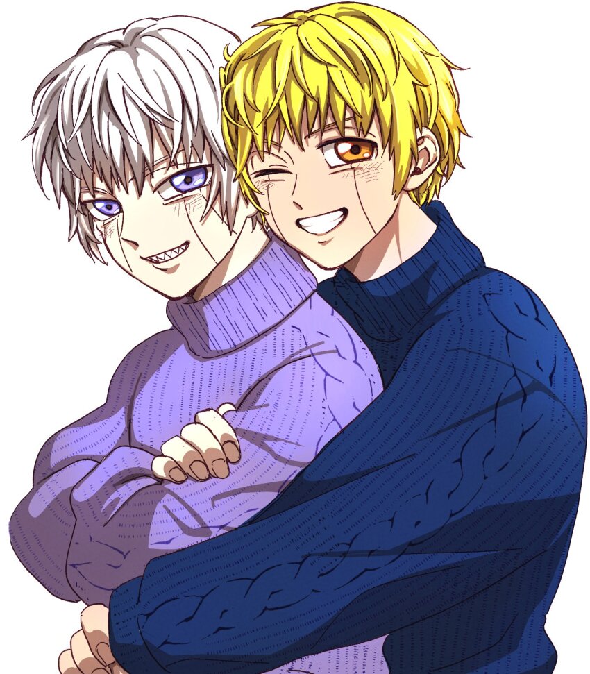 2boys aged_up blonde_hair brothers casual commentary_request gash_bell grin hakubi_roka01 highres hug hug_from_behind konjiki_no_gash!! konjiki_no_gash!!_2 long_sleeves male_focus multiple_boys orange_eyes purple_eyes purple_sweater sharp_teeth siblings simple_background smile sweater teeth turtleneck turtleneck_sweater white_background white_hair zeno_bell