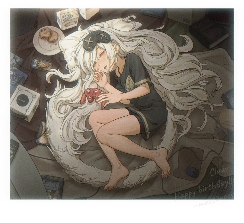 1girl absurdres animal_ears bare_legs barefoot bike_shorts black_shirt black_shorts blush border cellphone clauvio_(vtuber) closed_eyes computer_keyboard computer_mouse controller cookie extra_ears feet food from_above full_body game_console game_controller gamecube gamecube_controller grey_hair grey_tail hands_up happy highres holding holding_controller holding_game_controller indie_virtual_youtuber indoors itou_kaiji kaiji legs long_hair luigi luigi&#039;s_mansion lying mario_(series) massimo milk_carton mouse_ears mouse_girl nintendo off_shoulder on_ground on_side open_mouth paper_mario paper_mario:_the_thousand-year_door phone plate remote_control saliva shirt short_shorts shorts sleep_mask sleeping smartphone solo sonic_(series) sonic_heroes sonic_the_hedgehog super_smash_bros. swept_bangs t-shirt toenails toes very_long_hair virtual_youtuber white_border