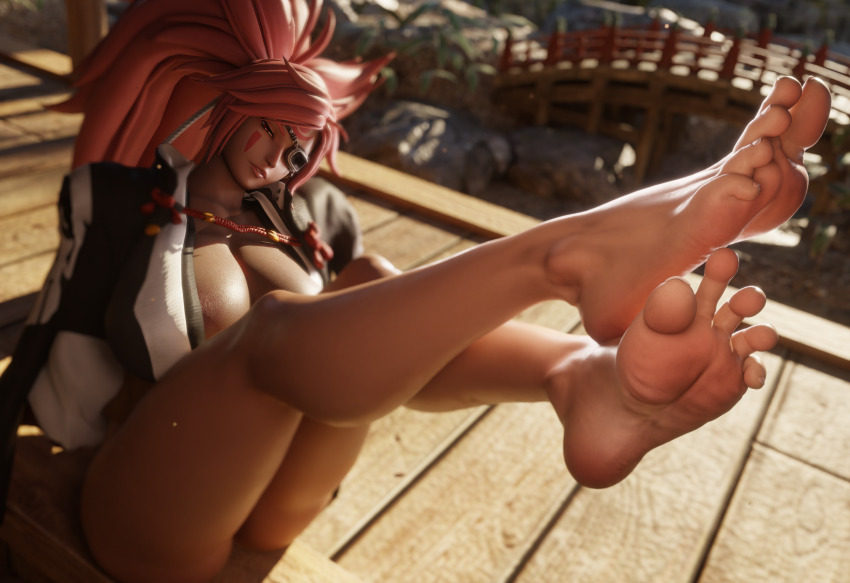 1girl 3d amputee asian ass bad_tag baiken barefoot blender bottomless breasts cleavage coat day exhibitionism eyebrows eyelashes eyepatch facepaint feet feet_up female female_focus foot_focus guilty_gear guilty_gear_strive guilty_gear_xrd huge_ass huge_breasts large_areolae large_breasts large_nipples long_hair looking_at_viewer makeup muscular muscular_female outdoor_nudity outdoors pink_hair ponytail public_indecency red_eyes red_hair samurai soles spread_toes sweat syclops thick_thighs thighs toes