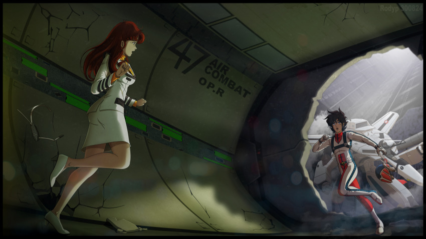 1boy 1girl brown_hair choujikuu_yousai_macross damaged english_text fake_screenshot gerwalk hallway hayase_misa headgear helmet highres hole ichijou_hikaru lisa_hayes long_hair macross mecha military pilot pilot_suit rescue rick_hunter robot robotech rodypaxten roundel running skirt spacesuit spanish_commentary spiked_hair spoilers u.n._spacy uniform vf-1 vf-1s