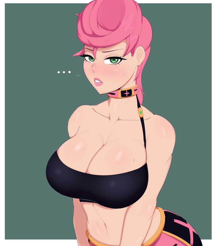 ... 1girl bare_shoulders blush breasts choker cleavage collarbone g3mma green_eyes highres jojo_no_kimyou_na_bouken large_breasts lipstick looking_at_viewer makeup midriff navel parted_lips pink_hair pink_lips simple_background solo strapless sweat trish_una tube_top