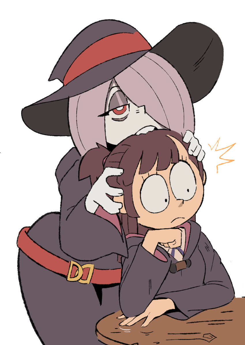 2girls ^^^ absurdres arm_support biting_another&#039;s_head brown_hair closed_mouth commentary constricted_pupils english_commentary hair_over_one_eye hat highres kagari_atsuko little_witch_academia long_hair long_sleeves luna_nova_school_uniform multiple_girls newtype_hero red_eyes school_uniform simple_background south_park_(style) sucy_manbavaran table white_background wide-eyed witch_hat
