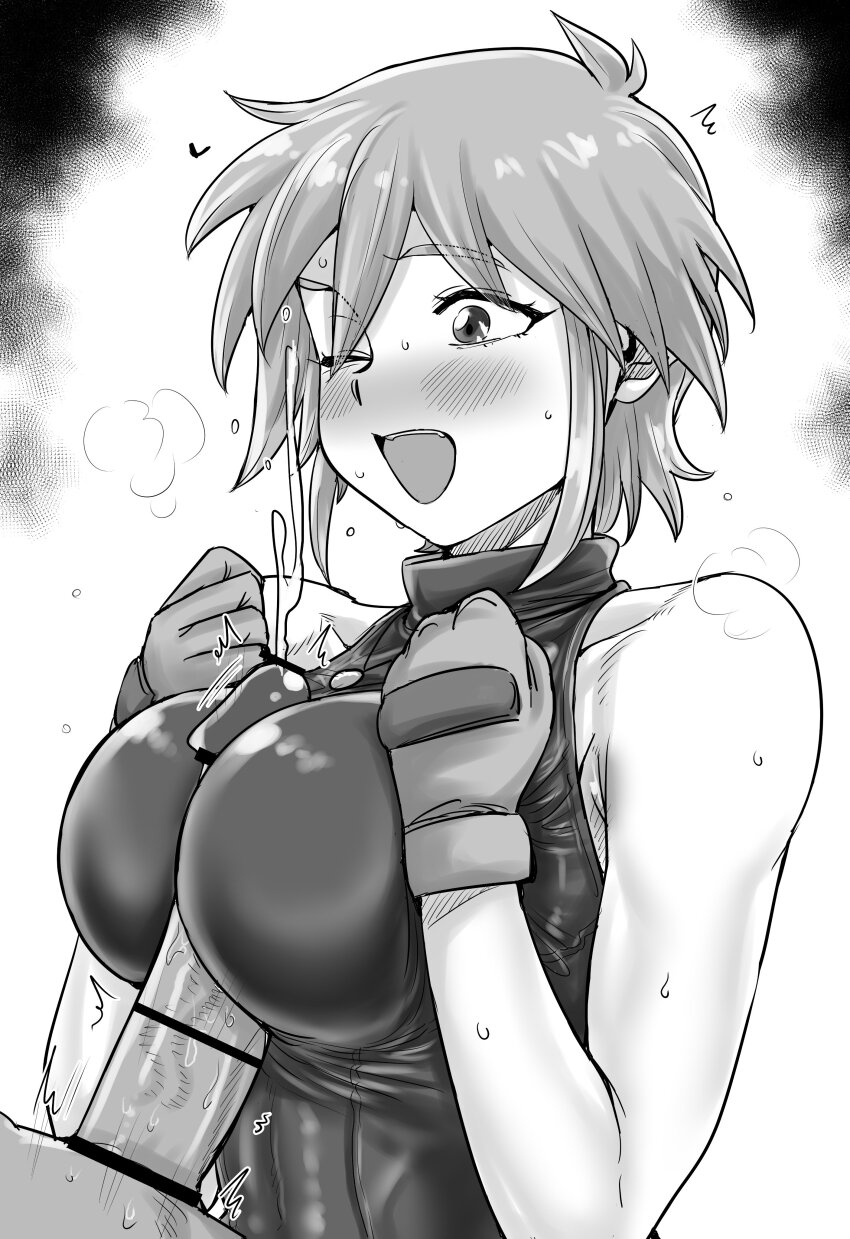 1boy 1girl absurdres allenby_beardsley bar_censor bare_arms blush bodysuit breasts breasts_squeezed_together censored cum ejaculation erection g_gundam gloves greyscale gundam hetero highres jewelry kaiman_garupan large_breasts monochrome necklace nose_blush open_mouth paizuri paizuri_over_clothes penis short_hair sidelocks sleeveless sleeveless_bodysuit smile sweat white_background