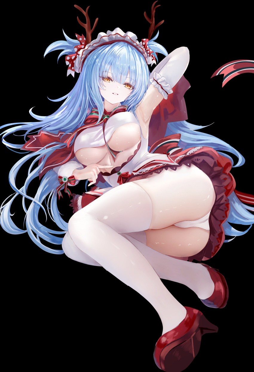 1girl absurdres age_fx antlers arm_behind_head armpits ass azur_lane blue_hair breasts capelet corset detached_sleeves from_below full_body grin high_heels highres horns legs long_hair lying maid_headdress medium_breasts neptune_(azur_lane) neptune_(princess_of_the_reindeers)_(azur_lane) no_bra on_side panties presenting_armpit red_capelet smile solo thighhighs thighs underboob underwear very_long_hair white_corset white_panties yellow_eyes