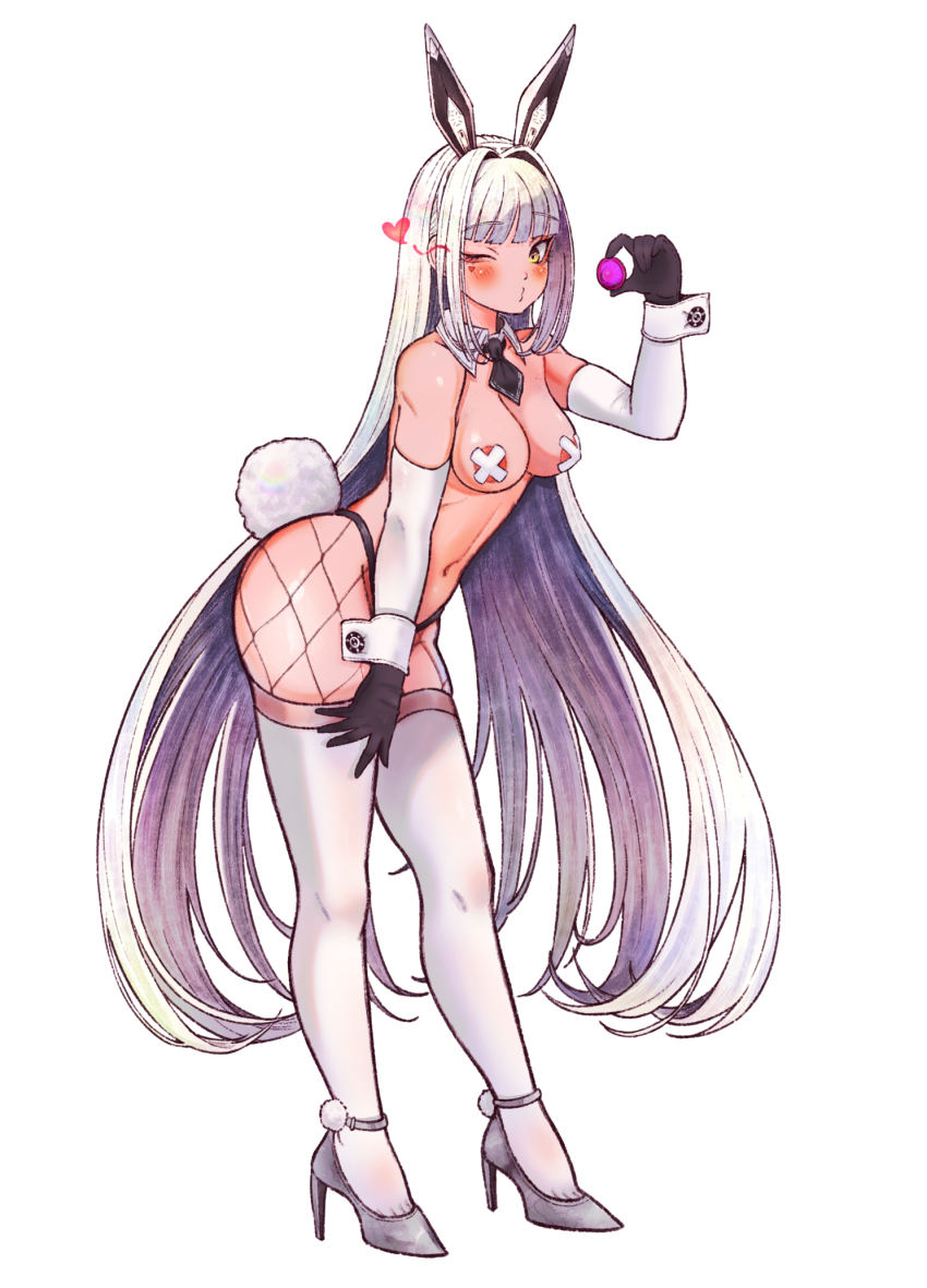 1girl animal_ears ascot black_ascot black_gloves blanc_(nikke) blush breasts cleavage condom cross cross_pasties detached_collar elbow_gloves fake_animal_ears fake_tail fishnet_pantyhose fishnets gloves goddess_of_victory:_nikke hair_intakes hair_ornament hair_stick heart highres holding kilowinwin leaning_forward long_hair medium_breasts meme_attire one_eye_closed pantyhose pasties rabbit_ears rabbit_tail reverse_bunnysuit reverse_outfit solo tail thighhighs very_long_hair white_hair white_thighhighs wrist_cuffs yellow_eyes