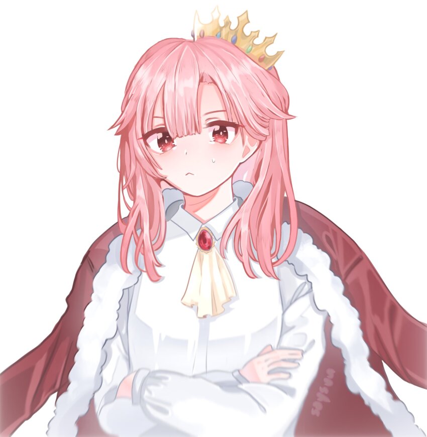 1girl animification ascot brooch coat commentary crossed_arms crown english_commentary fur-trimmed_coat fur_trim gem genderswap genderswap_(mtf) highres jewelry long_sleeves looking_at_viewer medium_hair minecraft_youtube open_clothes open_coat pink_hair red_coat red_eyes red_gemstone shirt solo soysvu sweatdrop techno-chan technoblade upper_body white_ascot white_background white_shirt