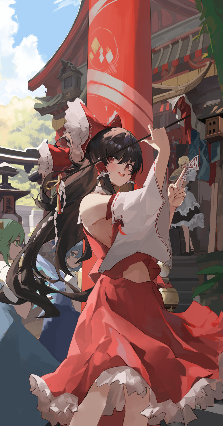 1569847238 4girls absurdres apron between_fingers black_skirt blonde_hair blue_bow blue_dress blue_eyes blue_hair blue_sky bow breasts brown_hair chinese_commentary cirno closed_mouth cloud commentary_request daiyousei detached_sleeves detached_wings dress frilled_bow frilled_hair_tubes frilled_skirt frills gohei green_eyes green_hair hair_bow hair_tubes hakurei_reimu highres holding holding_gohei ice ice_wings kirisame_marisa long_hair midriff_peek multiple_girls no_headwear ofuda ofuda_between_fingers one_eye_closed open_mouth outdoors pinafore_dress red_bow red_eyes red_skirt ribbon-trimmed_sleeves ribbon_trim short_sleeves sideboob skirt skirt_set sky sleeveless sleeveless_dress smile touhou very_long_hair waist_apron white_apron wings