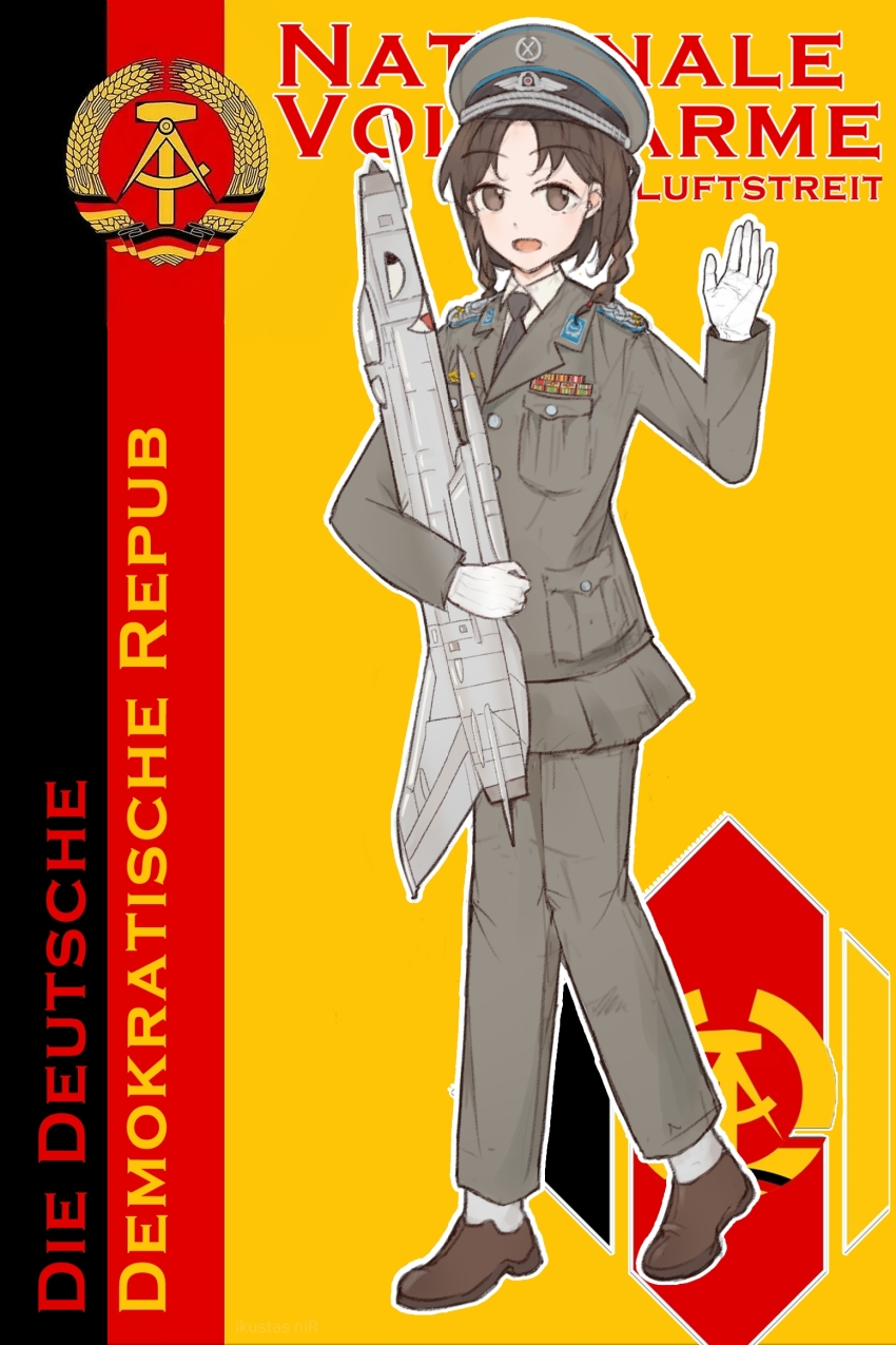 1girl brown_eyes brown_hair brown_jacket brown_necktie collared_shirt communism east_germany gloves hat highres ikustas_nir jacket luftstreitkrafte_der_nationale_volksarmee mig-21 military military_uniform nationale_volksarmee necktie original peaked_cap shirt solo waving white_gloves white_shirt