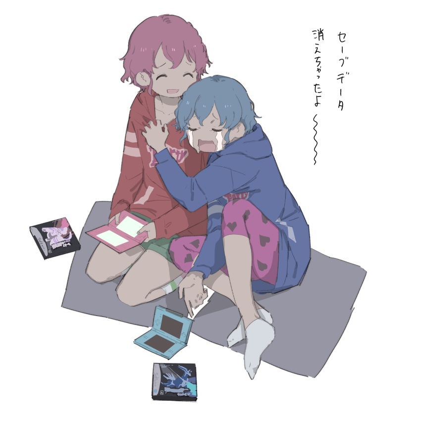 1boy 1girl blue_hair blue_hoodie brother_and_sister cameo closed_eyes crying dialga dorothy_west facing_another frown full_body gen_4_pokemon green_pants handheld_game_console highres holding holding_handheld_game_console hood hood_down hoodie kemura_(puripurinea) legendary_pokemon long_sleeves nintendo nintendo_ds open_mouth palkia pants pink_hair pink_pants pokemon pokemon_dppt pretty_series pripara red_hoodie reona_west seiza shirt_tug short_hair siblings sitting smile socks streaming_tears tears translated trap twins video_game white_background white_socks