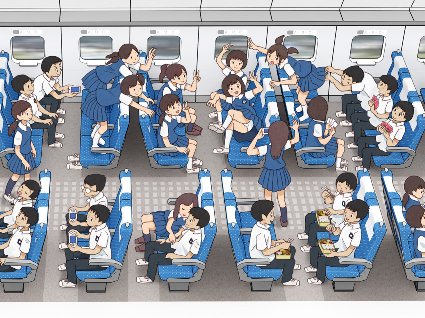 6+boys 6+girls bento black_hair black_pants blue_skirt blue_vest brown_hair card eating implied_pantyshot kiyo_(kyokyo1220) low_twintails multiple_boys multiple_girls original panties pants pantyshot playing_card playing_games pleated_skirt recording school_uniform sexual_harassment shirt short_sleeves sitting skirt socks train_interior twintails underwear v vest white_shirt white_socks